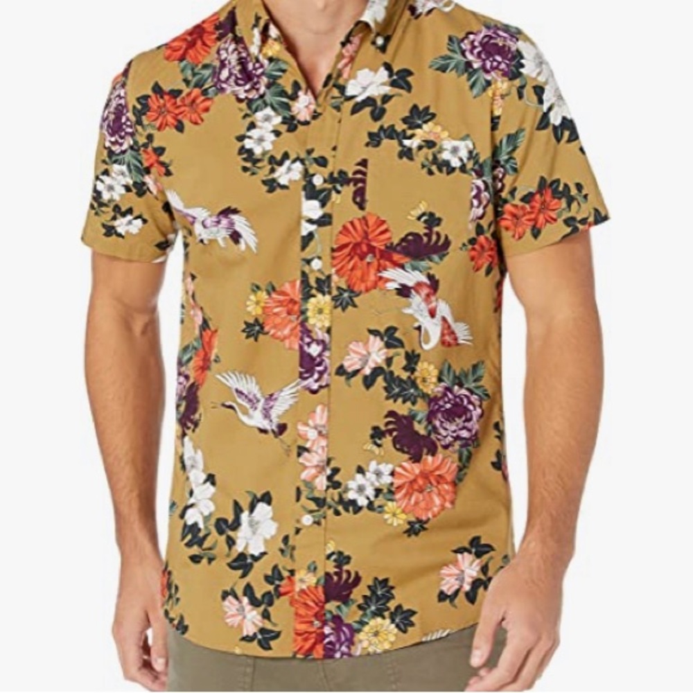 COPY - Good threads poplin flower shirt. Men’s.  collared shirt. Tan. Great con…
